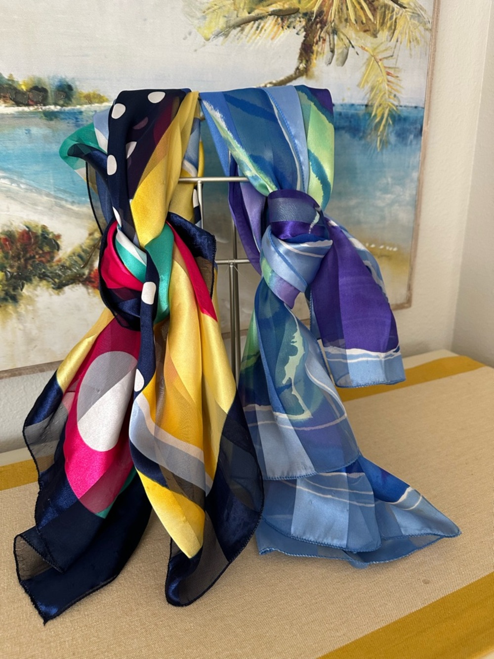 Silky Multicolor Printed Fashion Scarves - Vibrant Yellow, Blue & Purple (2)
